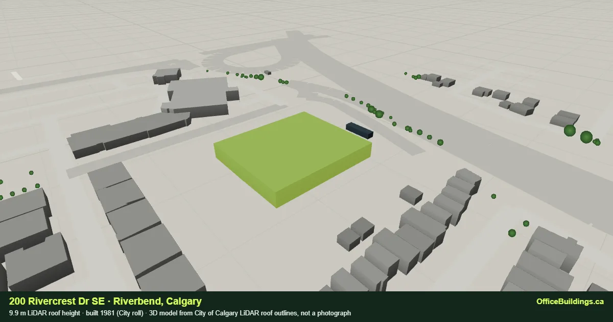 3D render of 200 Rivercrest Dr SE, a 9.9 m low-rise office building in Riverbend, Calgary, modelled from City of Calgary LiDAR