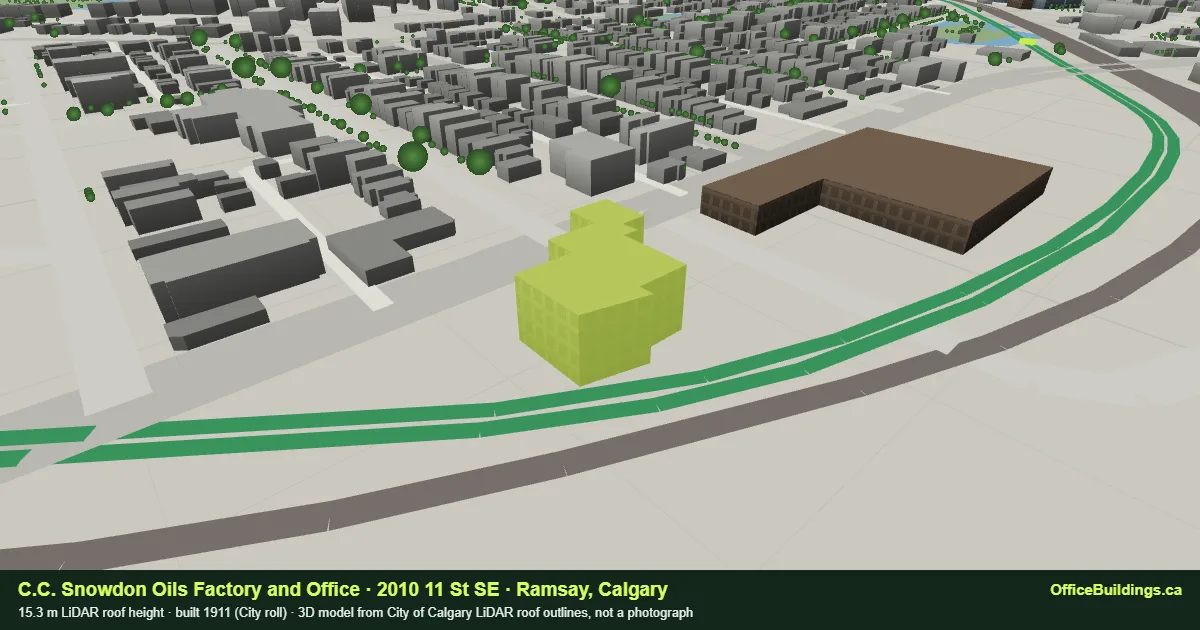 3D render of C.C. Snowdon Oils Factory and Office (2010 11 St SE), a 15.3 m mid-rise office building in Ramsay, Calgary, modelled from City of Calgary LiDAR