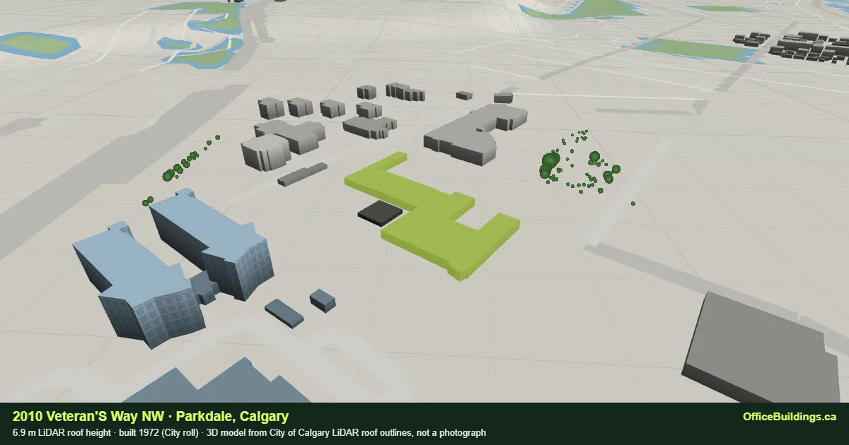 3D render of 2010 Veteran'S Way NW, a 6.9 m low-rise office building in Parkdale, Calgary, modelled from City of Calgary LiDAR