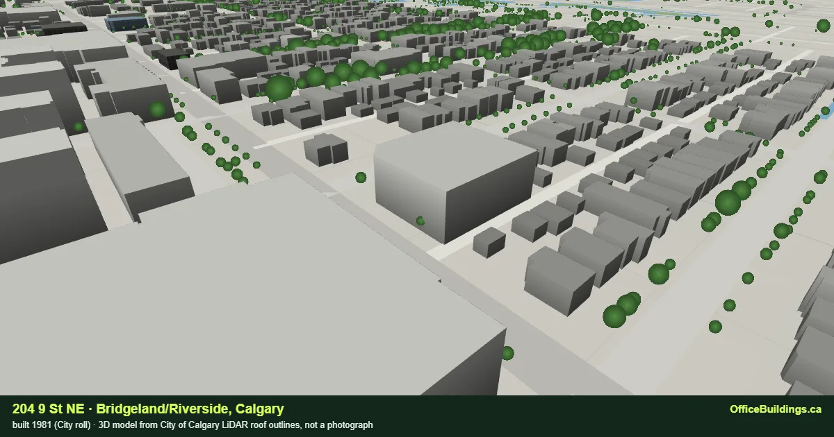 3D render of 204 9 St NE, a building in Bridgeland/Riverside, Calgary, modelled from City of Calgary LiDAR