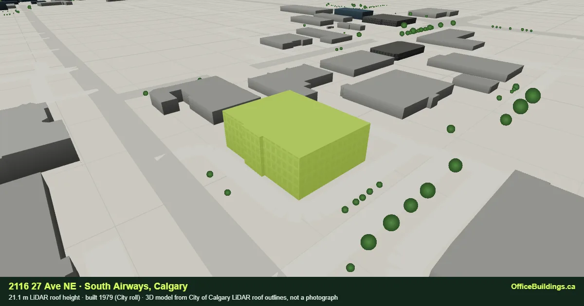 3D render of 2116 27 Ave NE, a 21.1 m mid-rise office building in South Airways, Calgary, modelled from City of Calgary LiDAR