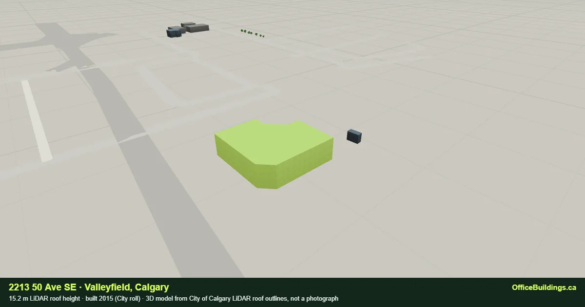 3D render of 2213 50 Ave SE, a 15.2 m mid-rise office building in Valleyfield, Calgary, modelled from City of Calgary LiDAR