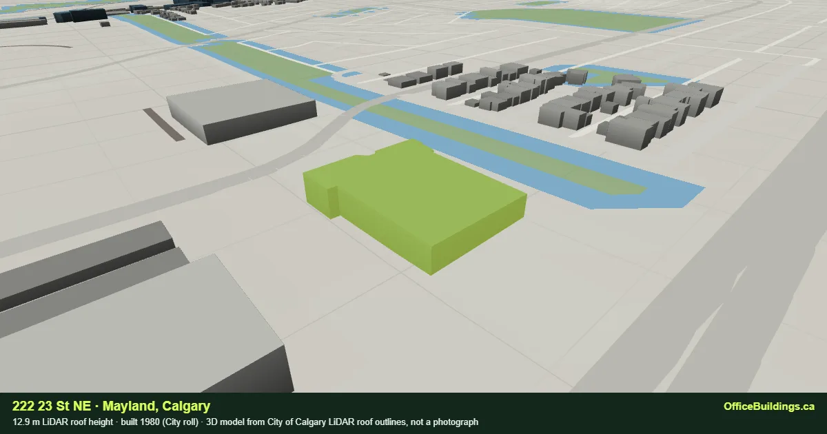 3D render of 222 23 St NE, a 12.9 m low-rise office building in Mayland, Calgary, modelled from City of Calgary LiDAR