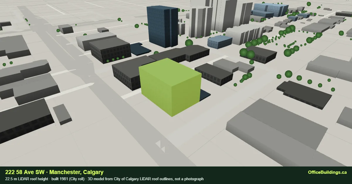 3D render of 222 58 Ave SW, a 22.5 m mid-rise office building in Manchester, Calgary, modelled from City of Calgary LiDAR