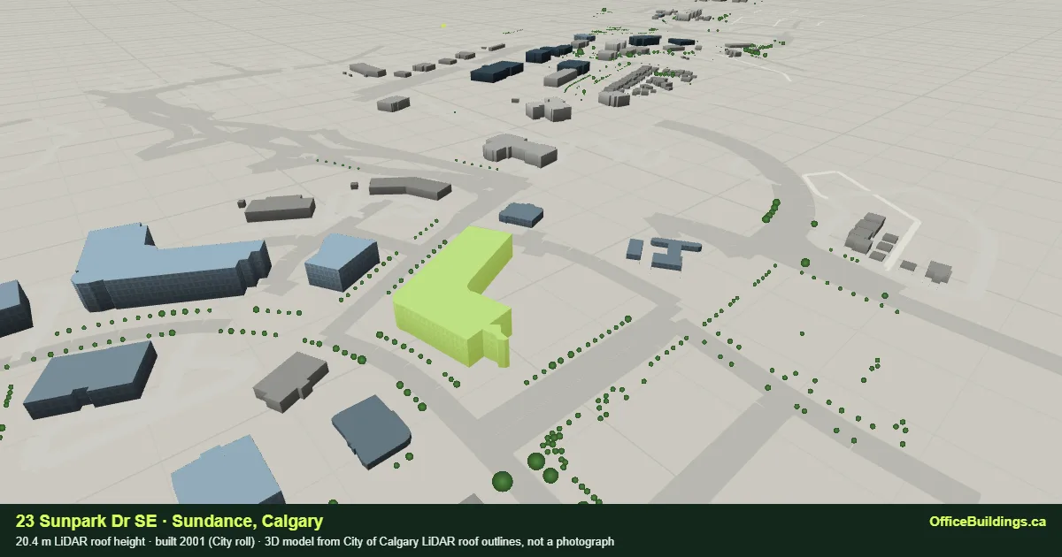 3D render of 23 Sunpark Dr SE, a 20.4 m mid-rise office building in Sundance, Calgary, modelled from City of Calgary LiDAR