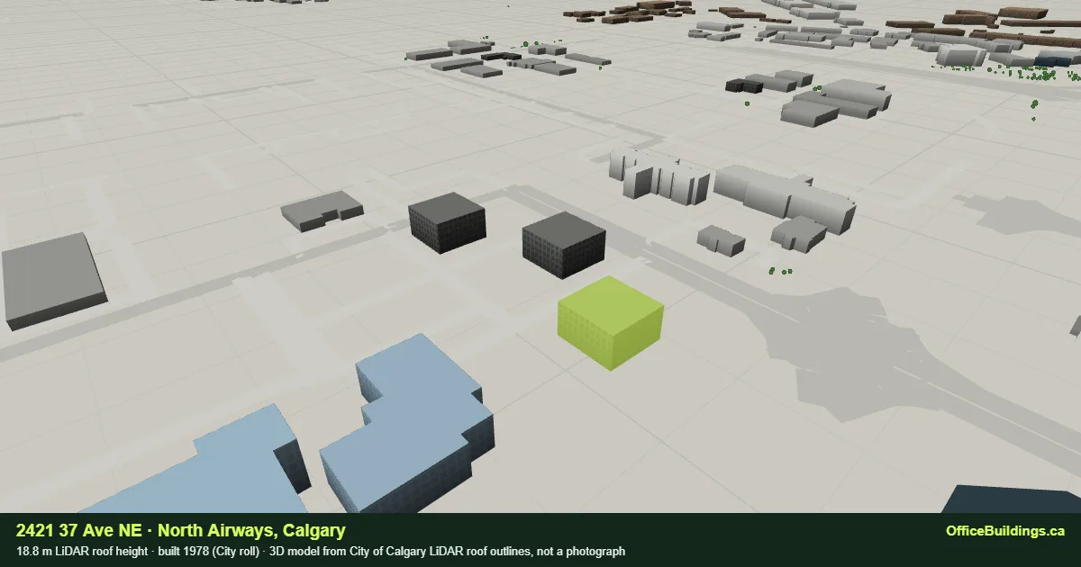 3D render of 2421 37 Ave NE, an 18.8 m mid-rise office building in North Airways, Calgary, modelled from City of Calgary LiDAR