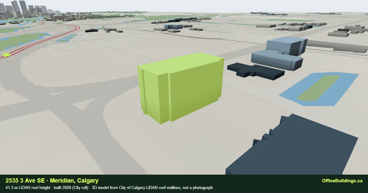 3D render of 2535 3 Ave SE, a 41.3 m mid-rise office building in Meridian, Calgary, modelled from City of Calgary LiDAR