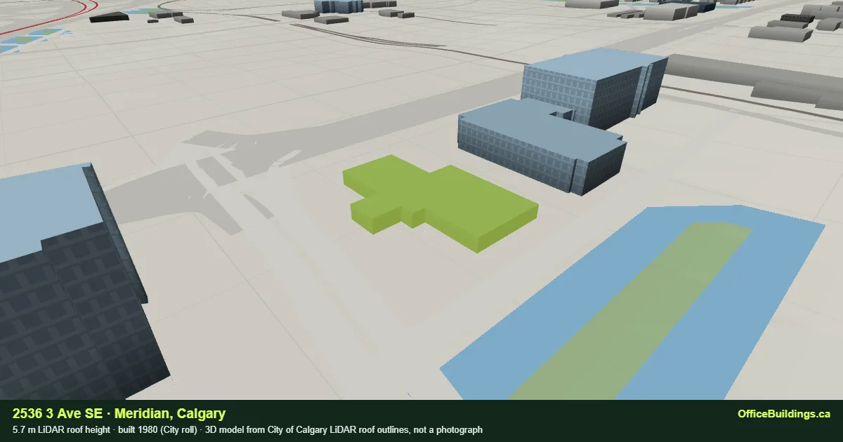 3D render of 2536 3 Ave SE, a 5.7 m low-rise office building in Meridian, Calgary, modelled from City of Calgary LiDAR