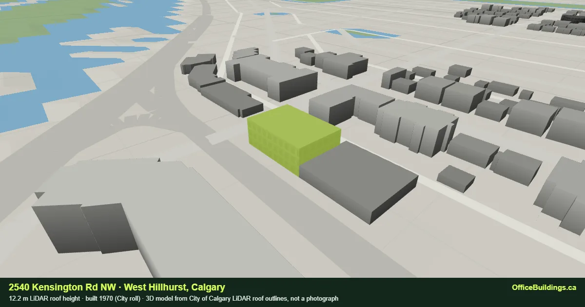 3D render of 2540 Kensington Rd NW, a 12.2 m low-rise office building in West Hillhurst, Calgary, modelled from City of Calgary LiDAR