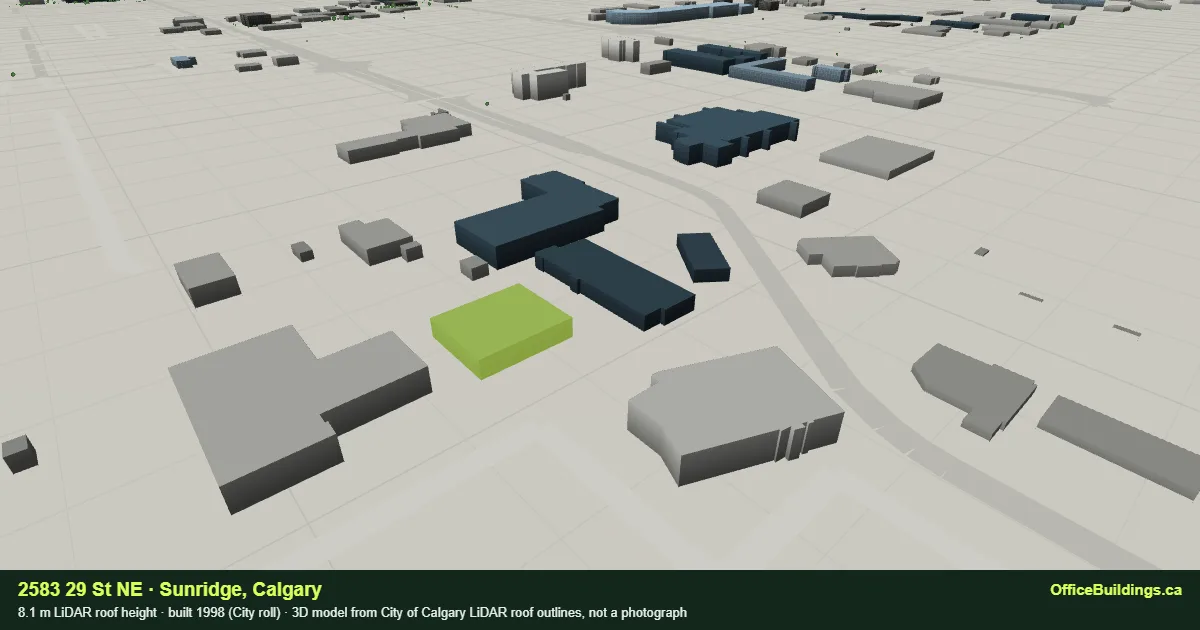 3D render of 2583 29 St NE, an 8.1 m low-rise office building in Sunridge, Calgary, modelled from City of Calgary LiDAR
