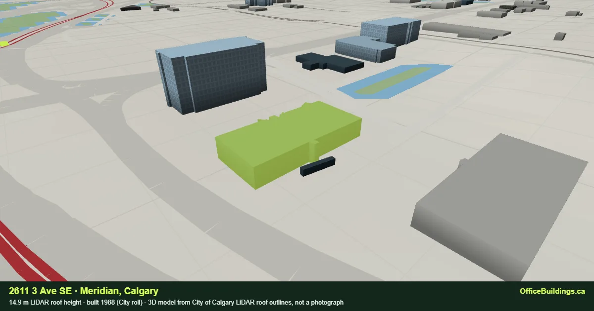 3D render of 2611 3 Ave SE, a 14.9 m low-rise office building in Meridian, Calgary, modelled from City of Calgary LiDAR