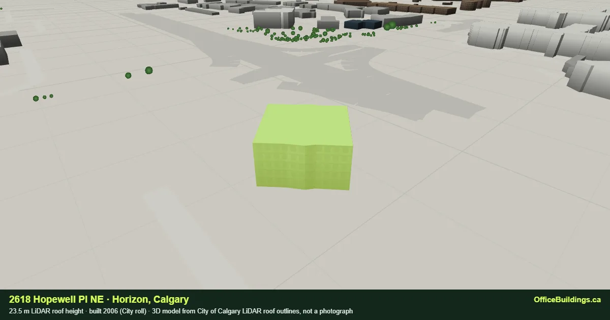 3D render of 2618 Hopewell Pl NE, a 23.5 m mid-rise office building in Horizon, Calgary, modelled from City of Calgary LiDAR