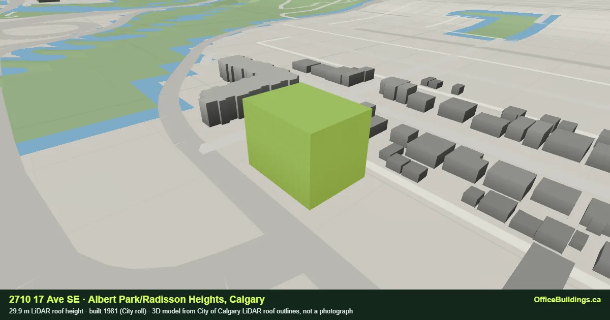 3D render of 2710 17 Ave SE, a 29.9 m mid-rise office building in Albert Park/Radisson Heights, Calgary, modelled from City of Calgary LiDAR