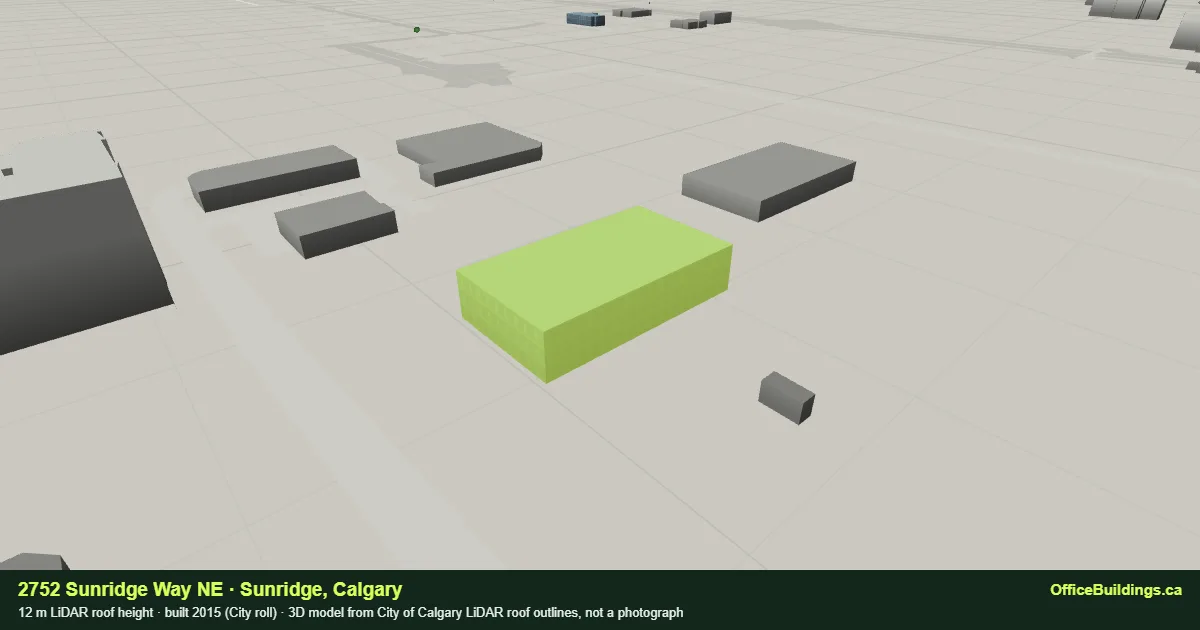 3D render of 2752 Sunridge Way NE, a 12 m low-rise office building in Sunridge, Calgary, modelled from City of Calgary LiDAR