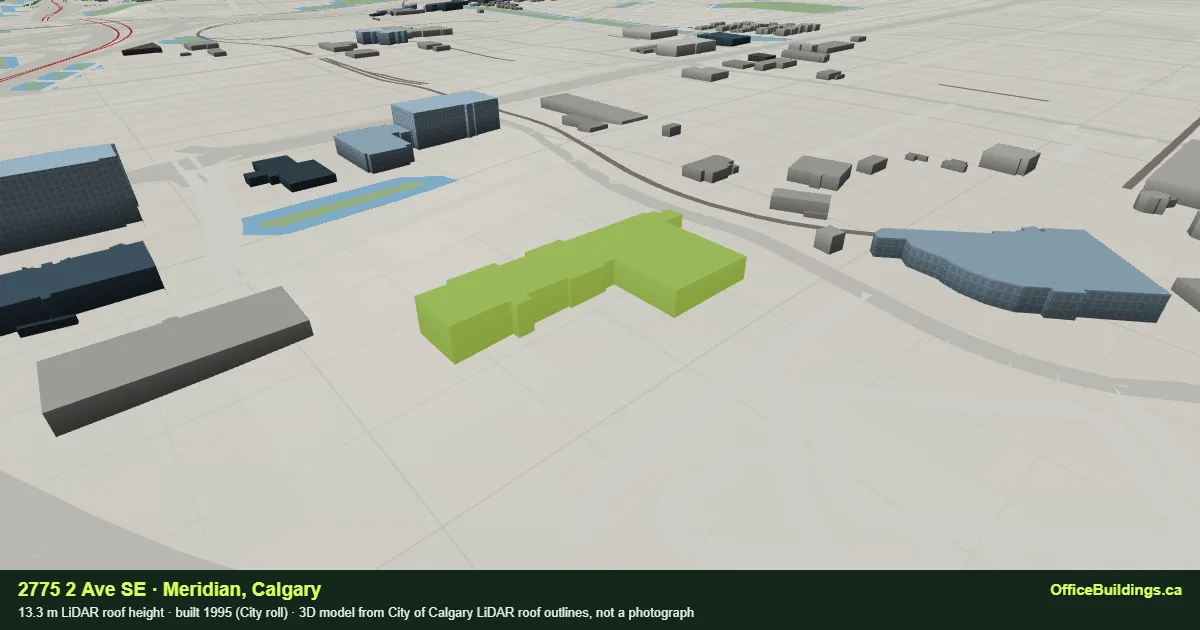 3D render of 2775 2 Ave SE, a 13.3 m low-rise office building in Meridian, Calgary, modelled from City of Calgary LiDAR