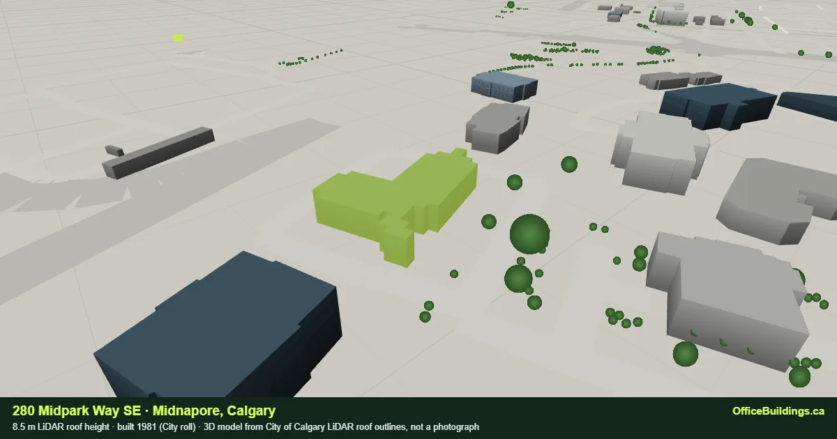 3D render of 280 Midpark Way SE, an 8.5 m low-rise office building in Midnapore, Calgary, modelled from City of Calgary LiDAR