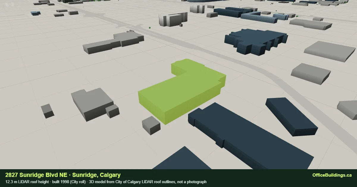 3D render of 2827 Sunridge Blvd NE, a 12.3 m low-rise office building in Sunridge, Calgary, modelled from City of Calgary LiDAR