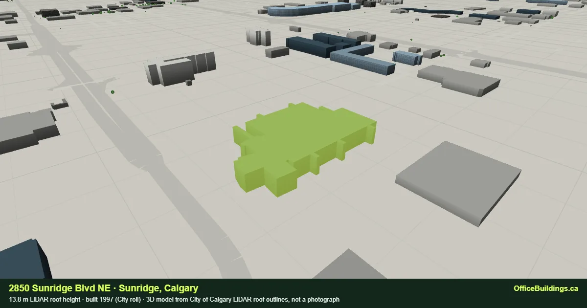3D render of 2850 Sunridge Blvd NE, a 13.8 m low-rise office building in Sunridge, Calgary, modelled from City of Calgary LiDAR