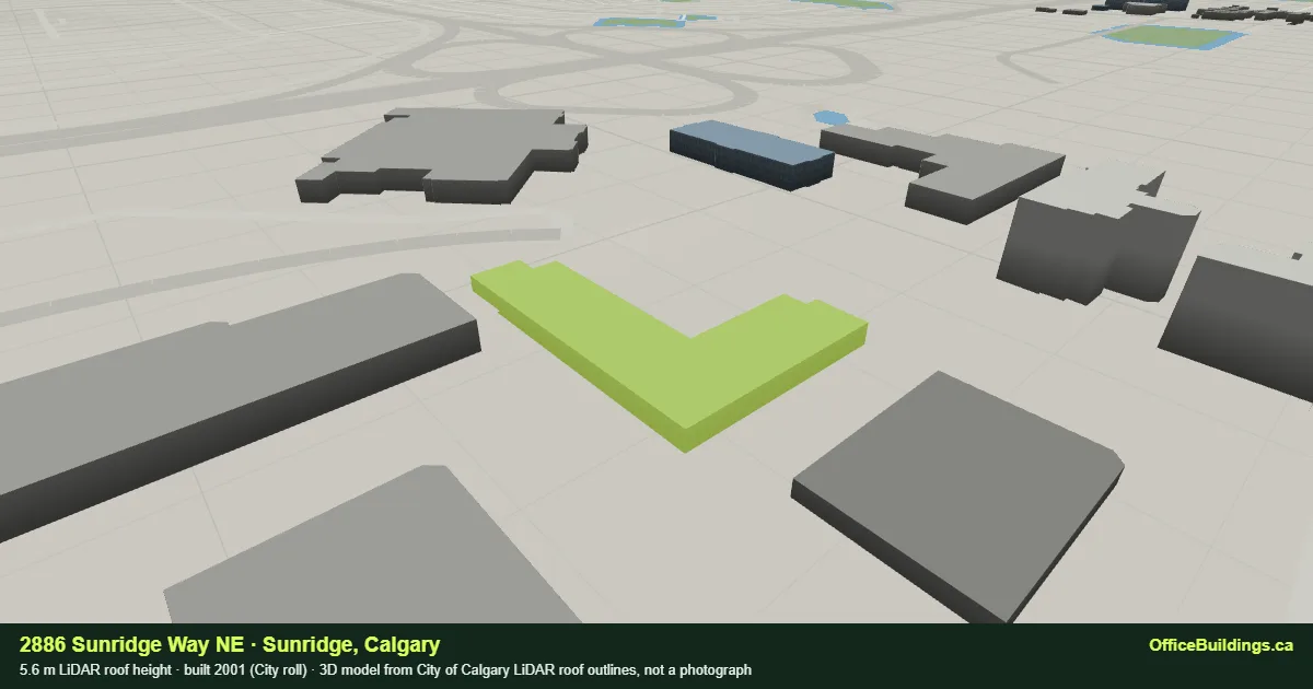 3D render of 2886 Sunridge Way NE, a 5.6 m low-rise office building in Sunridge, Calgary, modelled from City of Calgary LiDAR