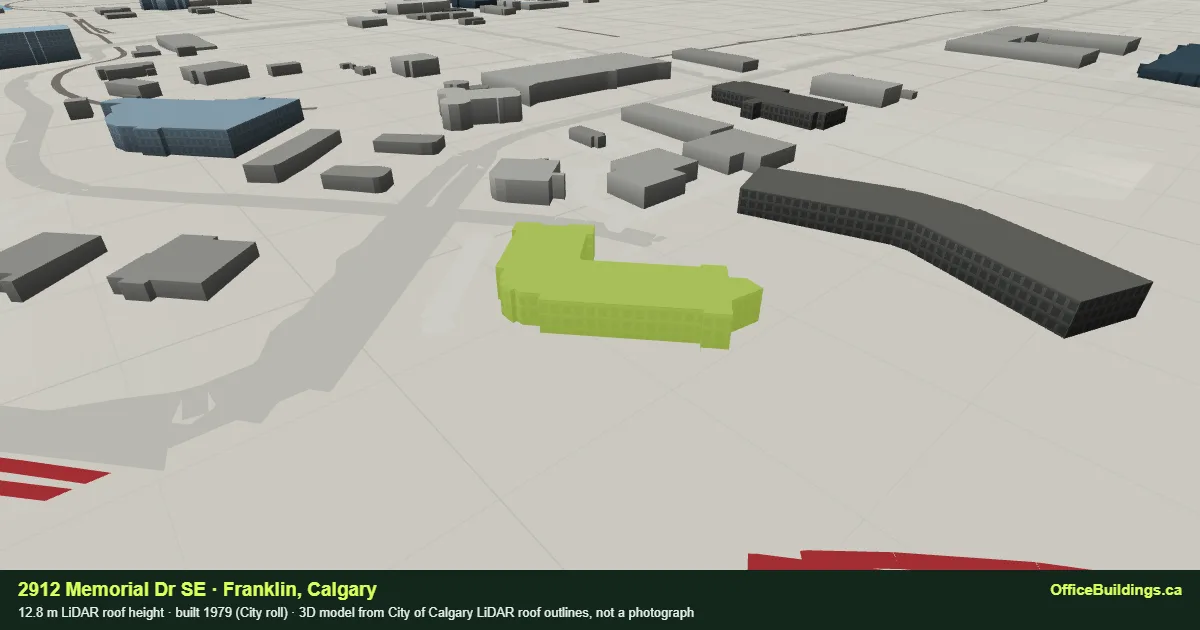 3D render of 2912 Memorial Dr SE, a 12.8 m low-rise office building in Franklin, Calgary, modelled from City of Calgary LiDAR