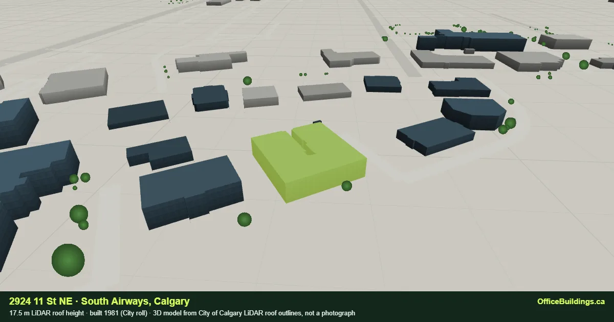3D render of 2924 11 St NE, a 17.5 m mid-rise office building in South Airways, Calgary, modelled from City of Calgary LiDAR