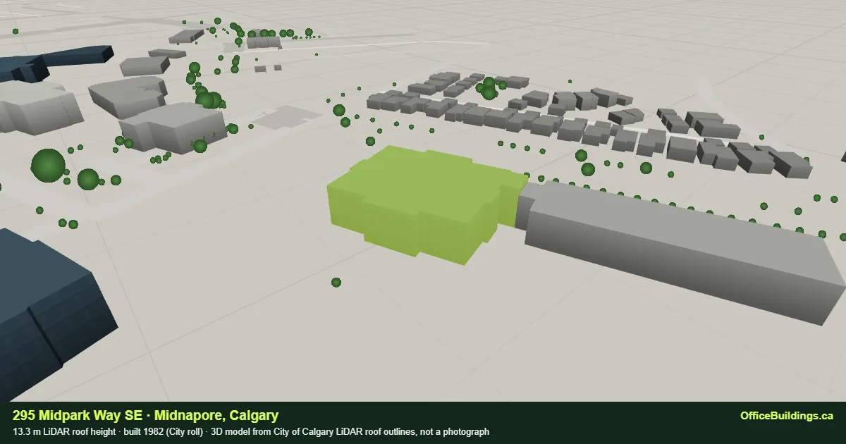 3D render of 295 Midpark Way SE, a 13.3 m low-rise office building in Midnapore, Calgary, modelled from City of Calgary LiDAR