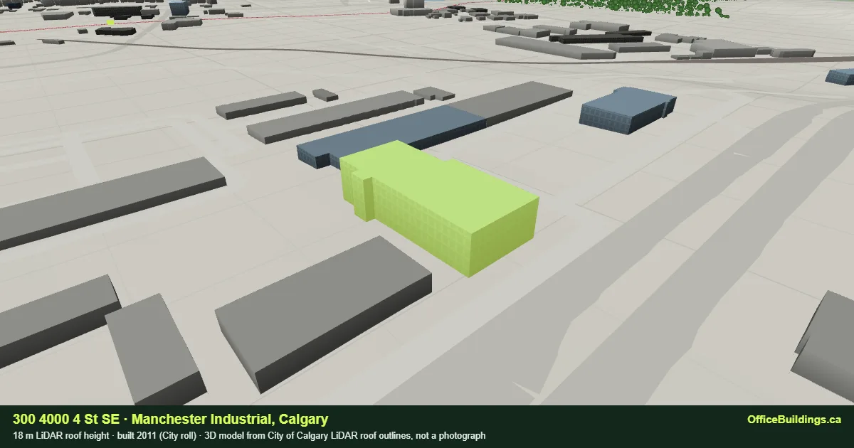 3D render of 300 4000 4 St SE, an 18 m mid-rise office building in Manchester Industrial, Calgary, modelled from City of Calgary LiDAR