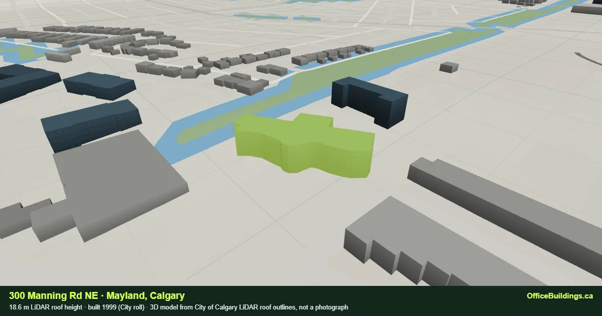 3D render of 300 Manning Rd NE, an 18.6 m mid-rise office building in Mayland, Calgary, modelled from City of Calgary LiDAR