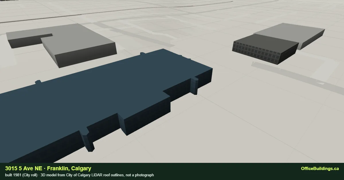 3D render of 3015 5 Ave NE, a building in Franklin, Calgary, modelled from City of Calgary LiDAR