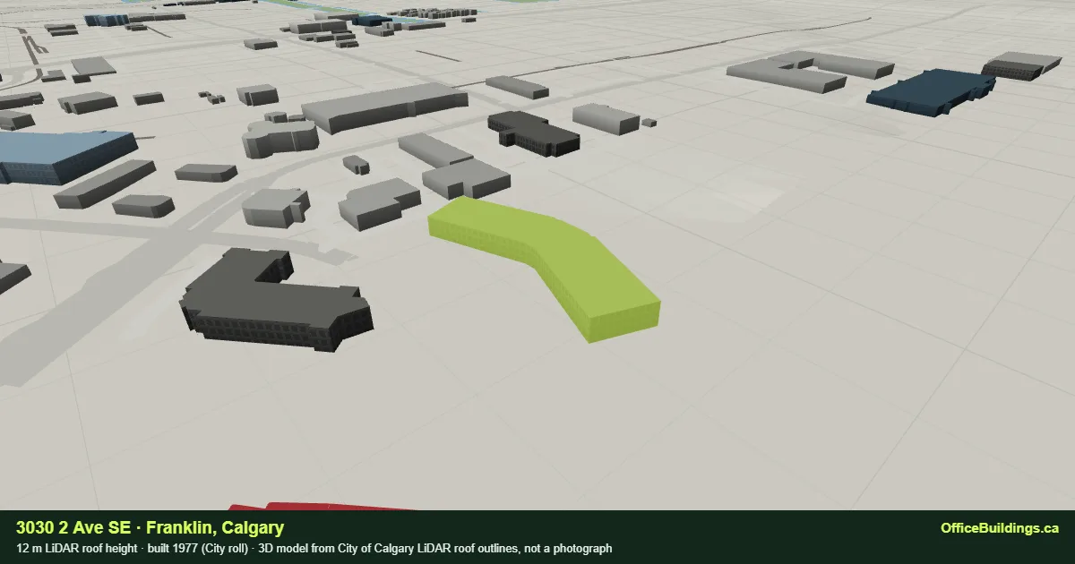 3D render of 3030 2 Ave SE, a 12 m low-rise office building in Franklin, Calgary, modelled from City of Calgary LiDAR