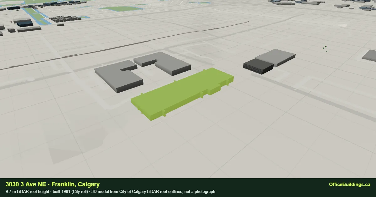 3D render of 3030 3 Ave NE, a 9.7 m low-rise office building in Franklin, Calgary, modelled from City of Calgary LiDAR