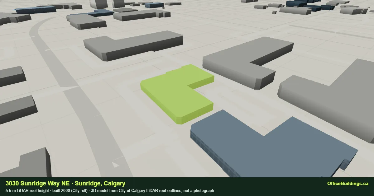 3D render of 3030 Sunridge Way NE, a 5.5 m low-rise office building in Sunridge, Calgary, modelled from City of Calgary LiDAR