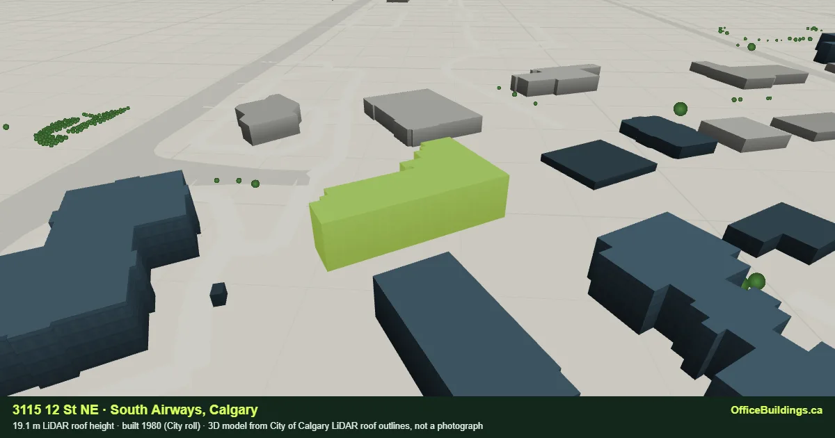 3D render of 3115 12 St NE, a 19.1 m mid-rise office building in South Airways, Calgary, modelled from City of Calgary LiDAR