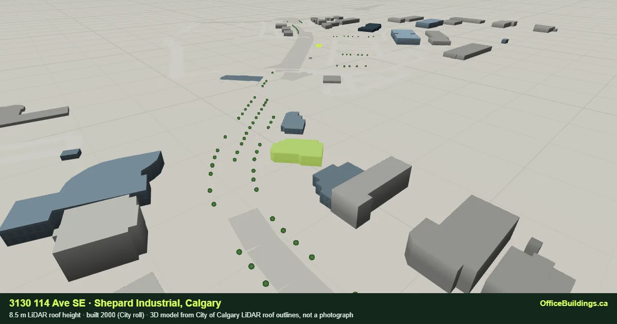 3D render of 3130 114 Ave SE, an 8.5 m low-rise office building in Shepard Industrial, Calgary, modelled from City of Calgary LiDAR