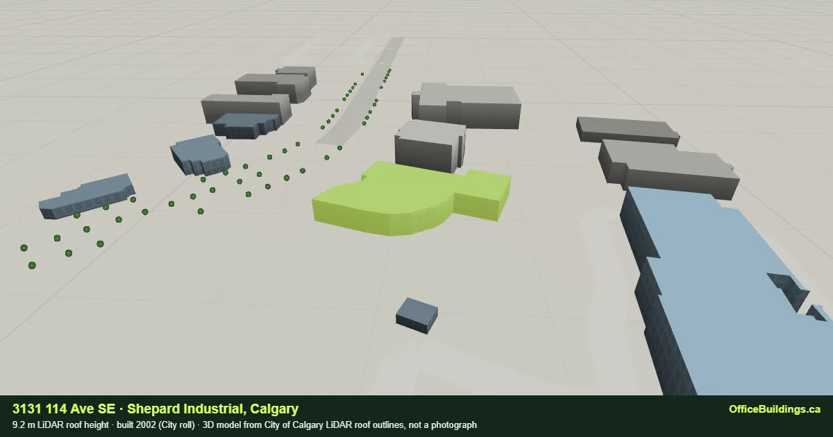 3D render of 3131 114 Ave SE, a 9.2 m low-rise office building in Shepard Industrial, Calgary, modelled from City of Calgary LiDAR