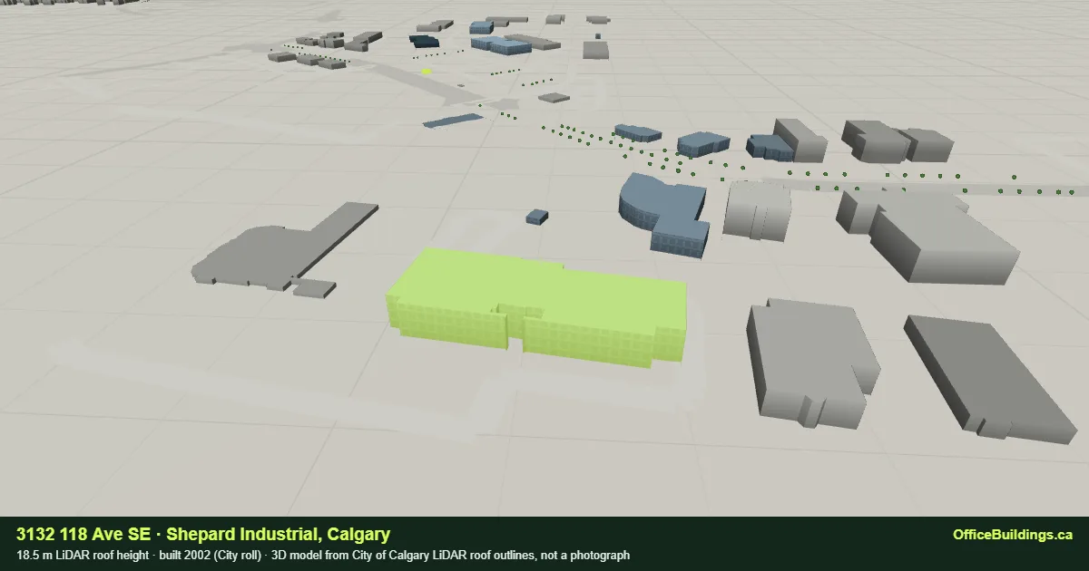 3D render of 3132 118 Ave SE, an 18.5 m mid-rise office building in Shepard Industrial, Calgary, modelled from City of Calgary LiDAR