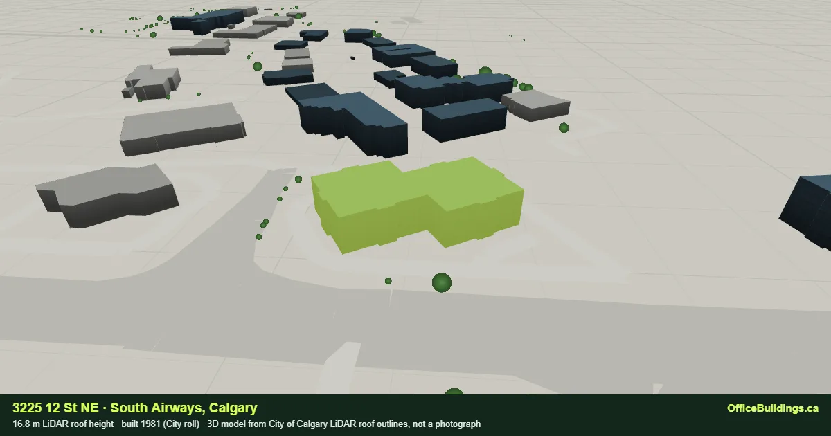 3D render of 3225 12 St NE, a 16.8 m mid-rise office building in South Airways, Calgary, modelled from City of Calgary LiDAR