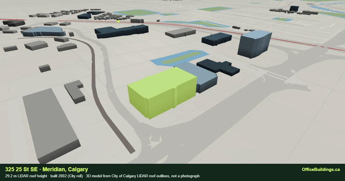 3D render of 325 25 St SE, a 29.2 m mid-rise office building in Meridian, Calgary, modelled from City of Calgary LiDAR