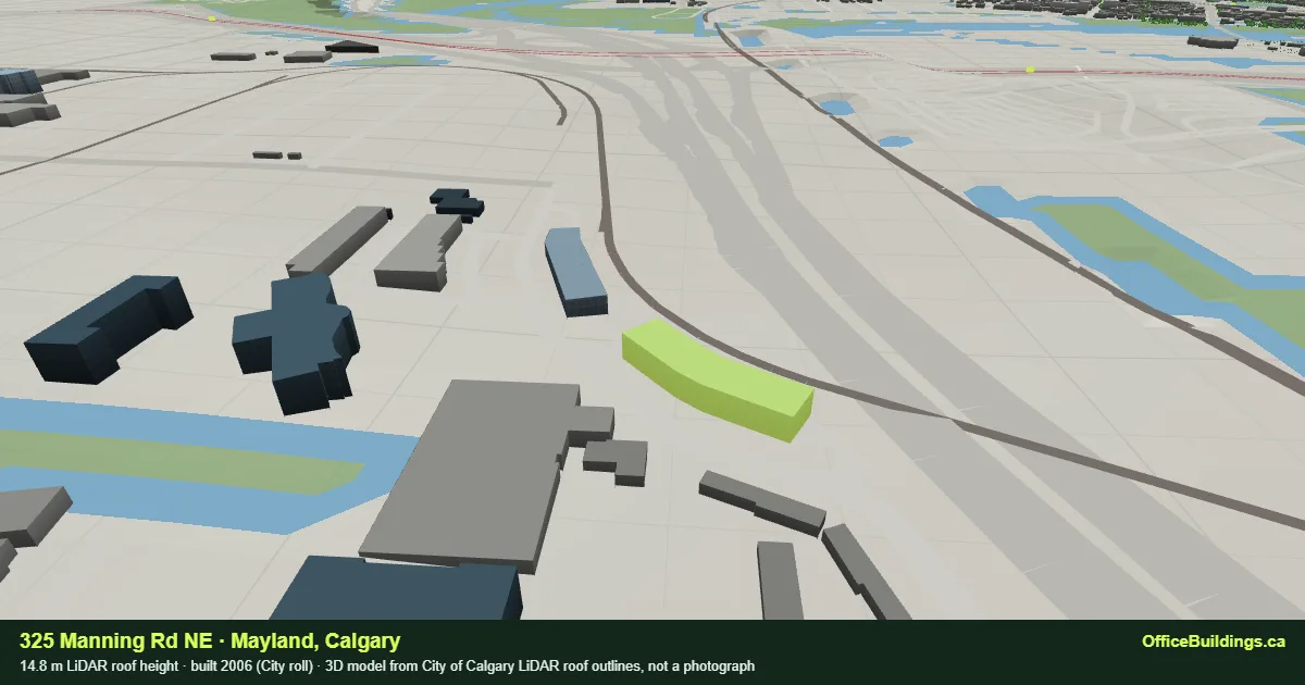 3D render of 325 Manning Rd NE, a 14.8 m low-rise office building in Mayland, Calgary, modelled from City of Calgary LiDAR