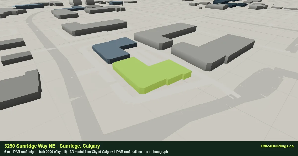 3D render of 3250 Sunridge Way NE, a 6 m low-rise office building in Sunridge, Calgary, modelled from City of Calgary LiDAR