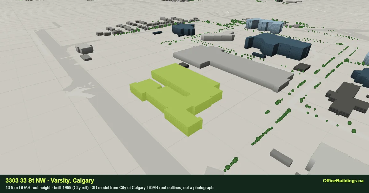 3D render of 3303 33 St NW, a 13.9 m multi-building campus parcel in Varsity, Calgary, modelled from City of Calgary LiDAR