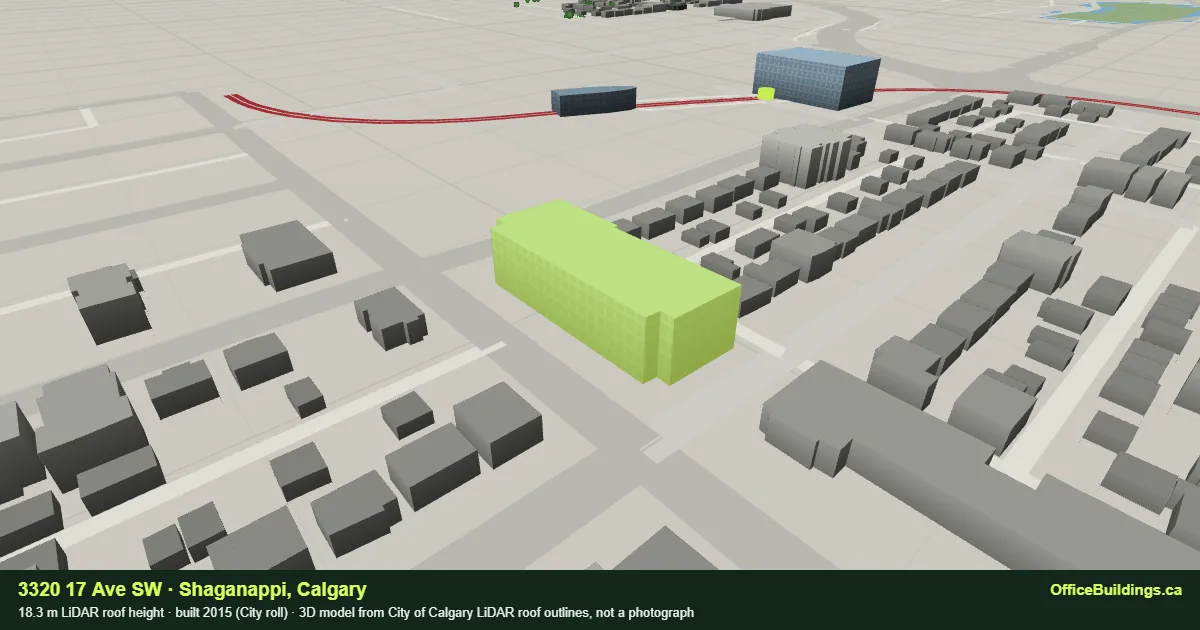 3D render of 3320 17 Ave SW, an 18.3 m mid-rise office building in Shaganappi, Calgary, modelled from City of Calgary LiDAR