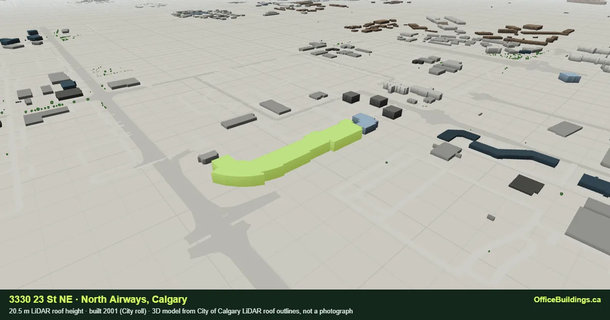 3D render of 3330 23 St NE, a 20.5 m multi-building campus parcel in North Airways, Calgary, modelled from City of Calgary LiDAR