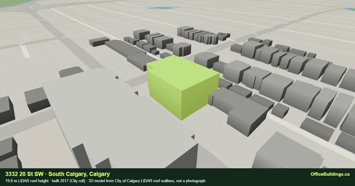 3D render of 3332 20 St SW, a 19.8 m mid-rise office building in South Calgary, Calgary, modelled from City of Calgary LiDAR