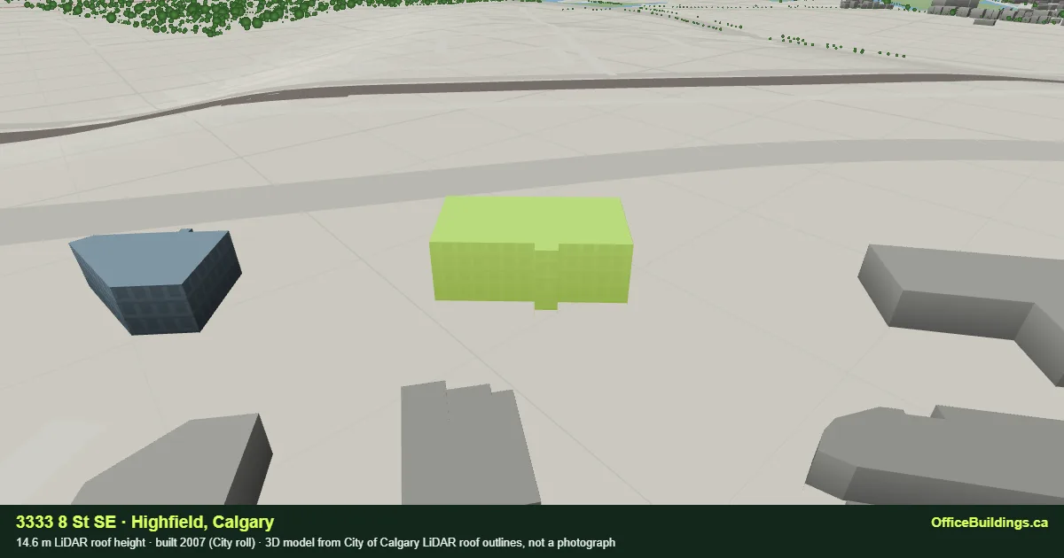 3D render of 3333 8 St SE, a 14.6 m low-rise office building in Highfield, Calgary, modelled from City of Calgary LiDAR