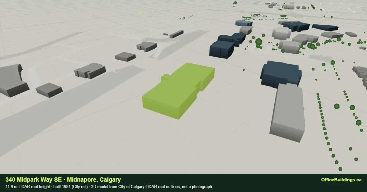 3D render of 340 Midpark Way SE, an 11.9 m low-rise office building in Midnapore, Calgary, modelled from City of Calgary LiDAR