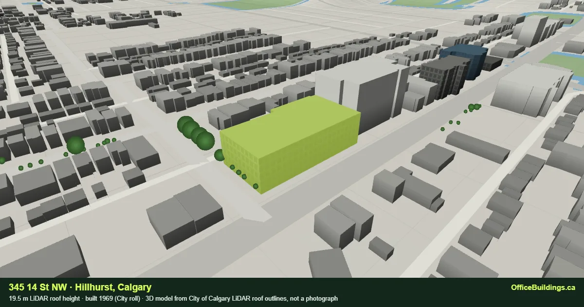 3D render of 345 14 St NW, a 19.5 m mid-rise office building in Hillhurst, Calgary, modelled from City of Calgary LiDAR