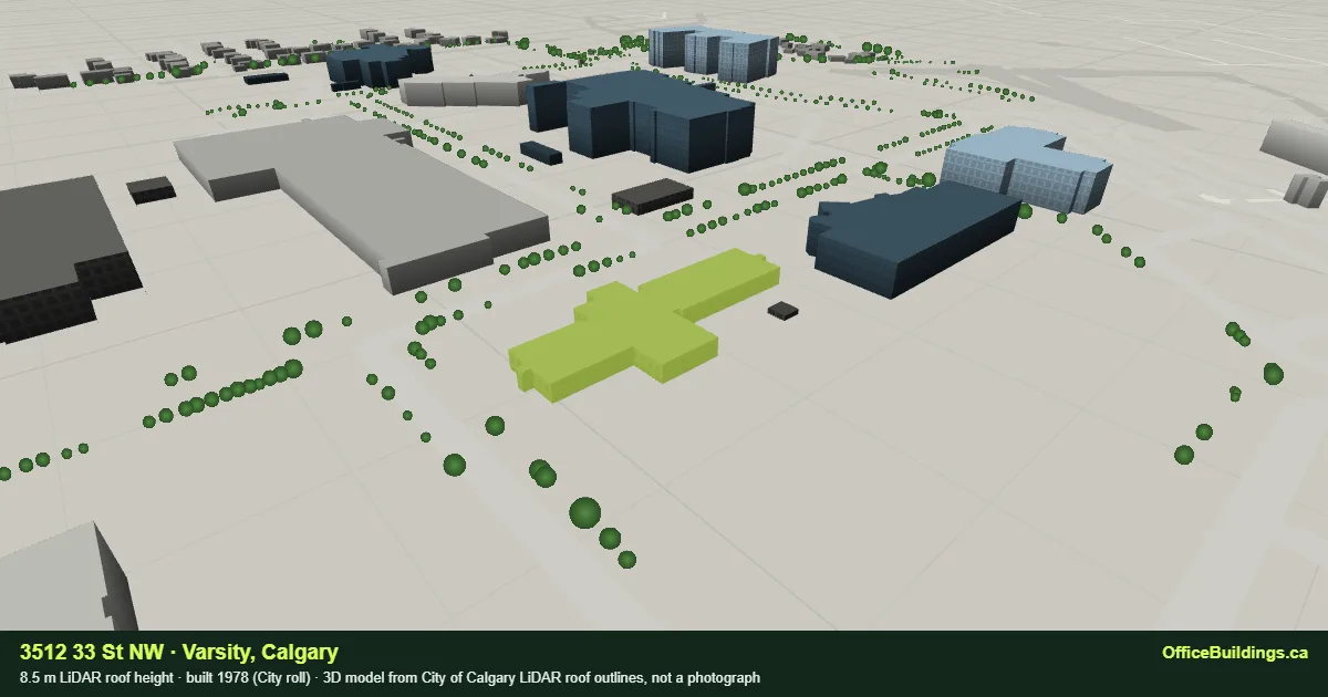 3D render of 3512 33 St NW, an 8.5 m low-rise office building in Varsity, Calgary, modelled from City of Calgary LiDAR