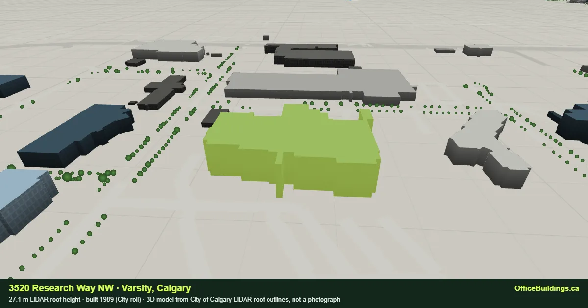 3D render of 3520 Research Way NW, a 27.1 m mid-rise office building in Varsity, Calgary, modelled from City of Calgary LiDAR