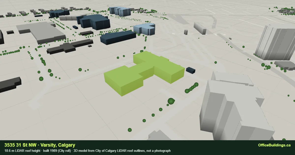 3D render of 3535 31 St NW, an 18.6 m mid-rise office building in Varsity, Calgary, modelled from City of Calgary LiDAR
